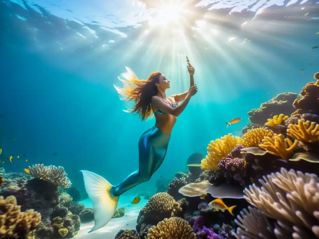 Una impresionante fotografía submarina de retratos y modelos captura la belleza de una sirena en un vibrante arrecife de coral