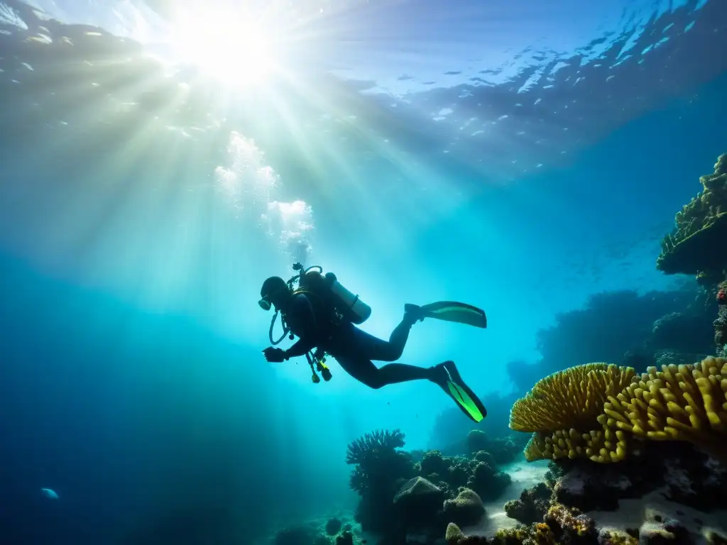 Una impresionante fotografía submarina de siluetas de un buceador en un arrecife de coral, con juegos de luz y sombra cautivadores