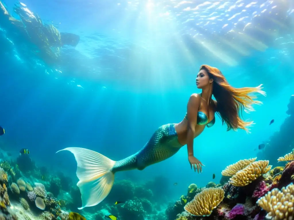 Una impresionante fotografía submarina de una sirena posando entre arrecifes de coral vibrantes, creando una exhibición de color y movimiento