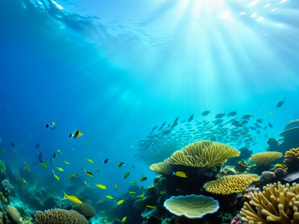 Una impresionante fotografía submarina sin tanque de oxígeno que muestra la vida vibrante de un arrecife de coral, con peces coloridos y plantas marinas en un mundo subacuático fascinante