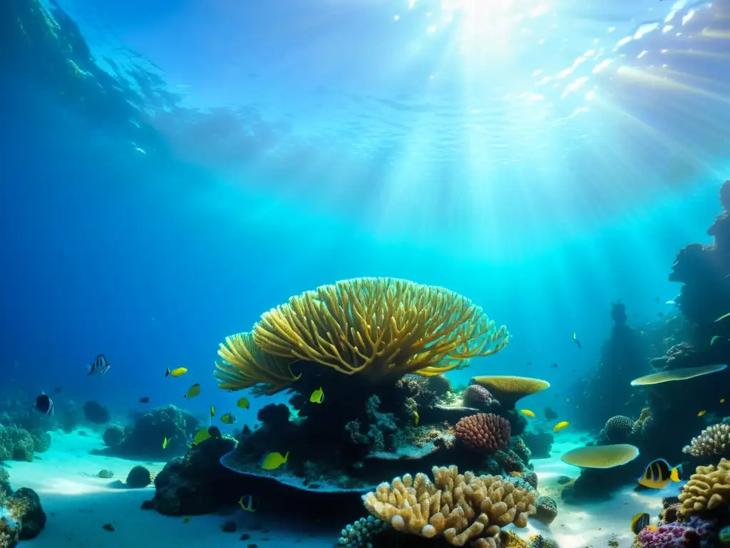 Una impresionante fotografía submarina que muestra un vibrante arrecife de coral rebosante de vida marina diversa