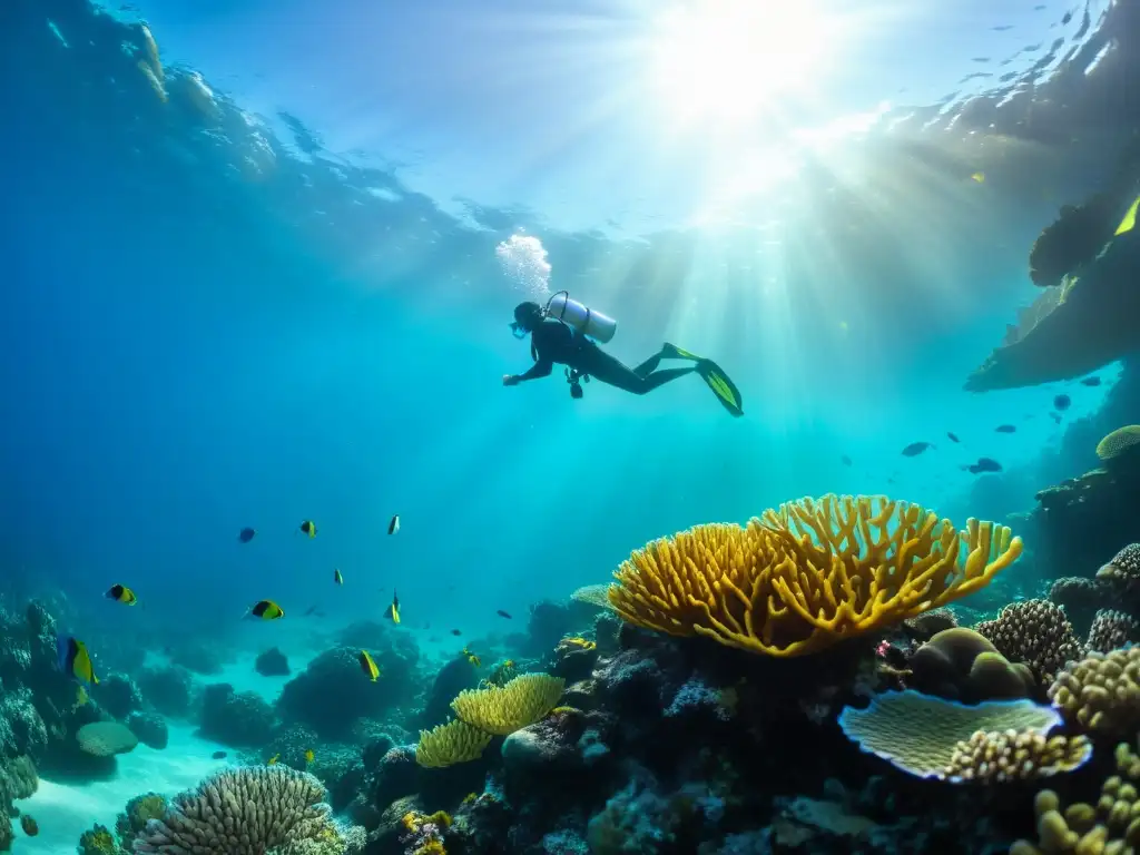 Una impresionante fotografía submarina que muestra un vibrante arrecife de coral lleno de vida marina colorida