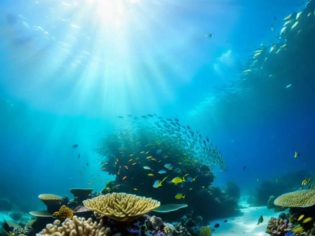 Una impresionante fotografía submarina que muestra un vibrante arrecife de coral lleno de vida marina