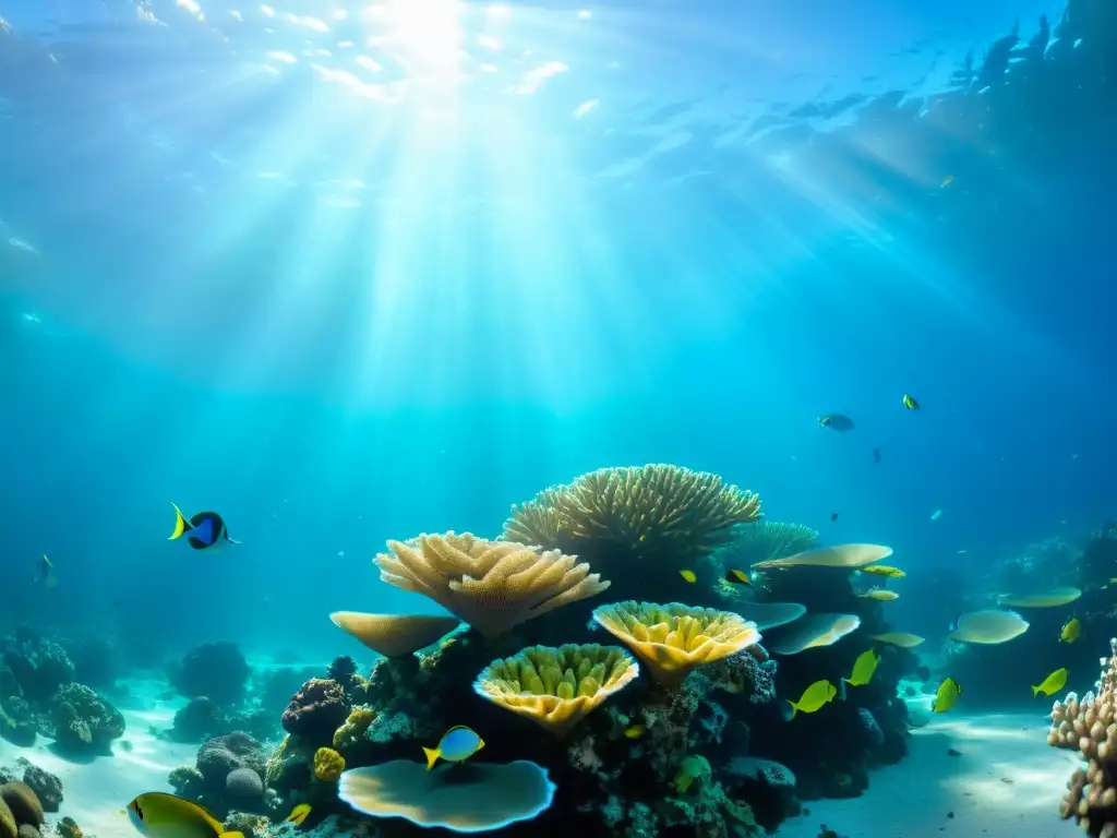 Una impresionante fotografía submarina de un vibrante arrecife de coral, repleto de peces coloridos y vida marina