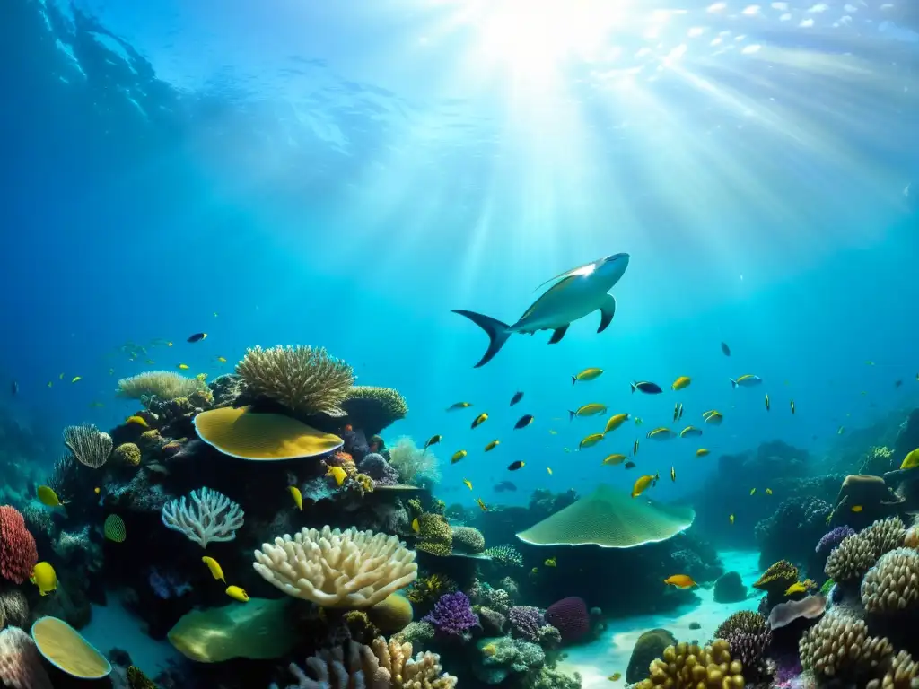 Una impresionante fotografía submarina de un vibrante arrecife de coral repleto de peces coloridos y vida marina