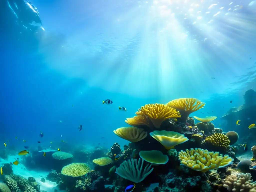 Una impresionante fotografía submarina capturando un vibrante arrecife de coral lleno de peces y vida marina