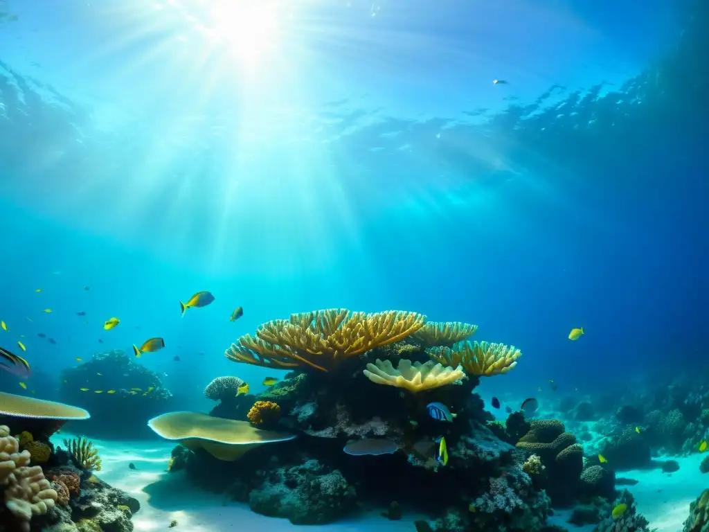 Una impresionante fotografía submarina de un vibrante arrecife de coral, habitado por peces coloridos y vida marina