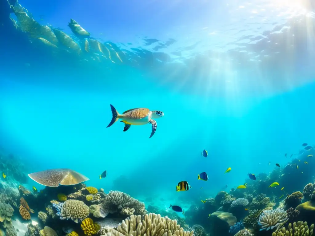 Una impresionante fotografía submarina de un vibrante arrecife de coral, repleto de peces coloridos y rodeado de aguas turquesas cristalinas