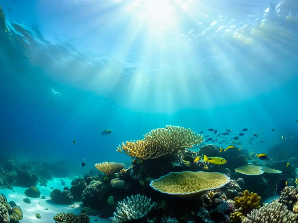 Una impresionante fotografía submarina de un vibrante arrecife de coral, mostrando la belleza y serenidad del mundo submarino