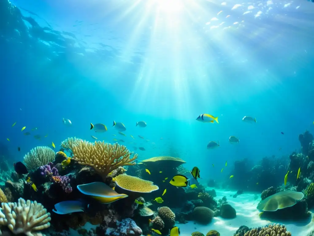 Una impresionante fotografía submarina de un vibrante arrecife de coral rebosante de peces coloridos y vida marina