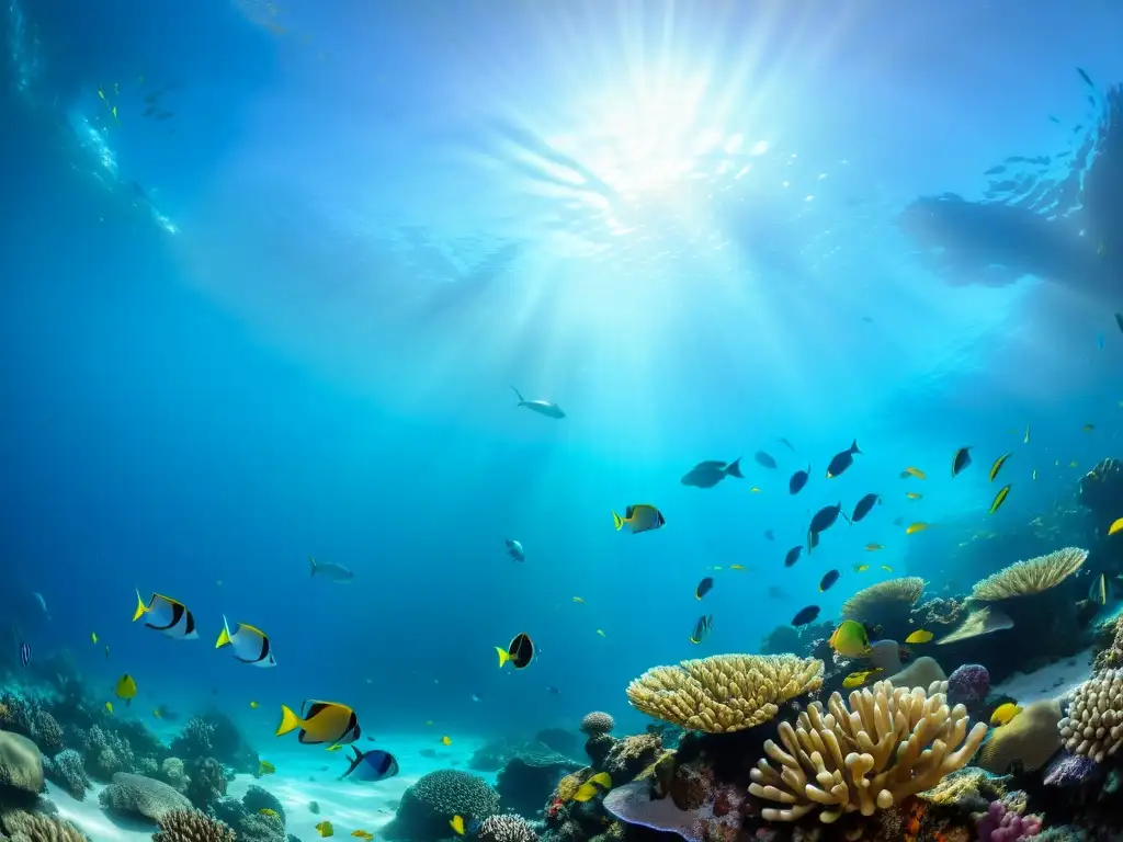 Una impresionante fotografía submarina de un vibrante arrecife de coral lleno de peces y vida marina