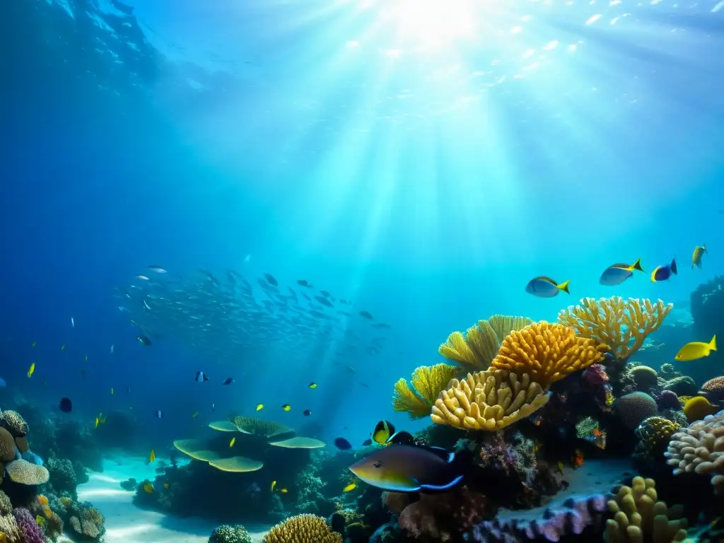 Una impresionante fotografía submarina de un vibrante arrecife de coral, repleto de peces coloridos, iluminado por el filtrado de luz solar