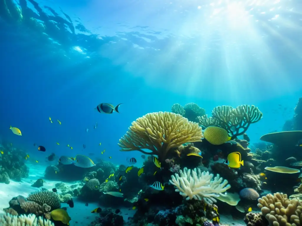 Una impresionante fotografía submarina de un vibrante arrecife de coral, repleto de vida marina