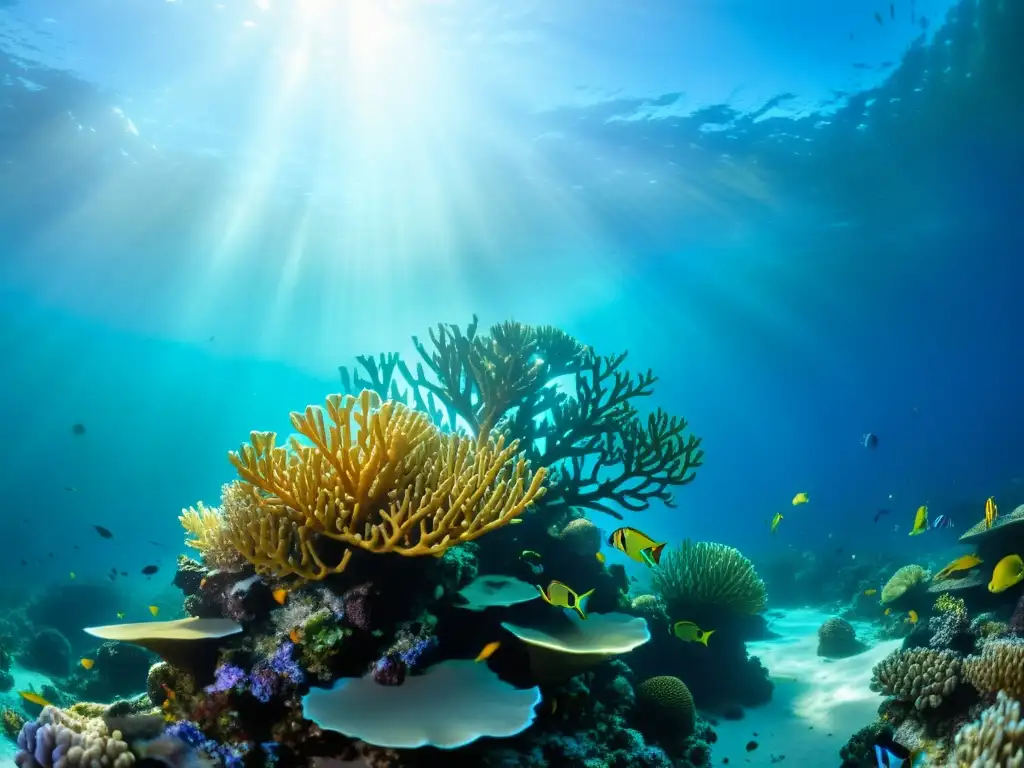 Una impresionante fotografía submarina de un vibrante arrecife de coral, con una rica vida marina y una detallada claridad