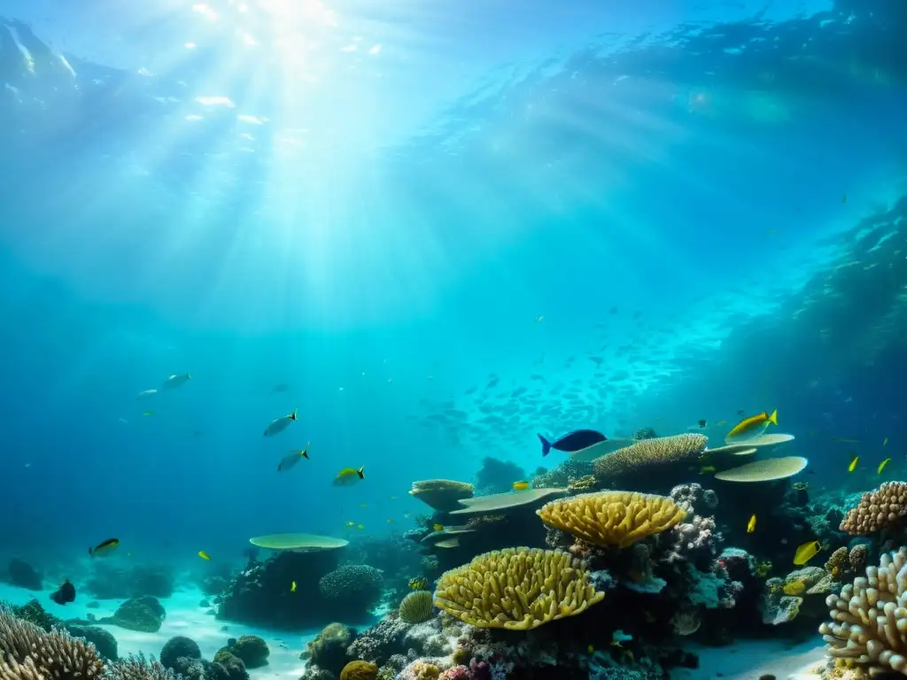 Una impresionante fotografía submarina que muestra un vibrante arrecife de coral lleno de vida marina