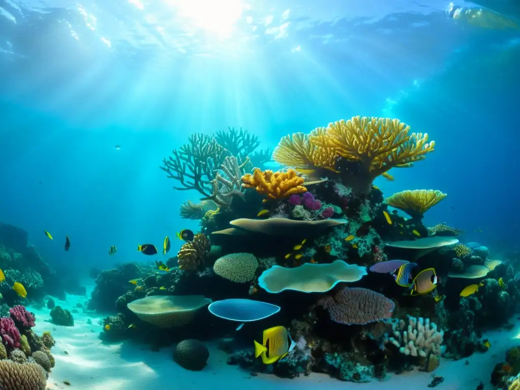 Arrecife de coral vibrante: biodiversidad marina en acción Una impresionante fotografía submarina de un vibrante arrecife de coral repleto de vida marina colorida