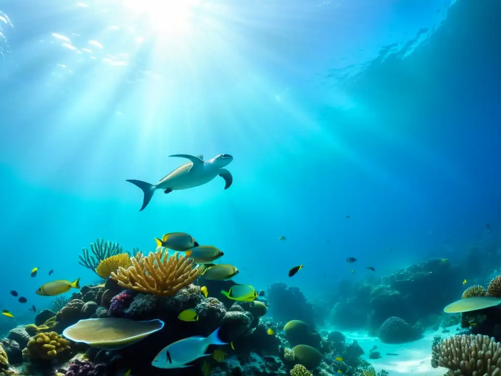 Una impresionante fotografía submarina que muestra un vibrante arrecife de coral rebosante de vida marina