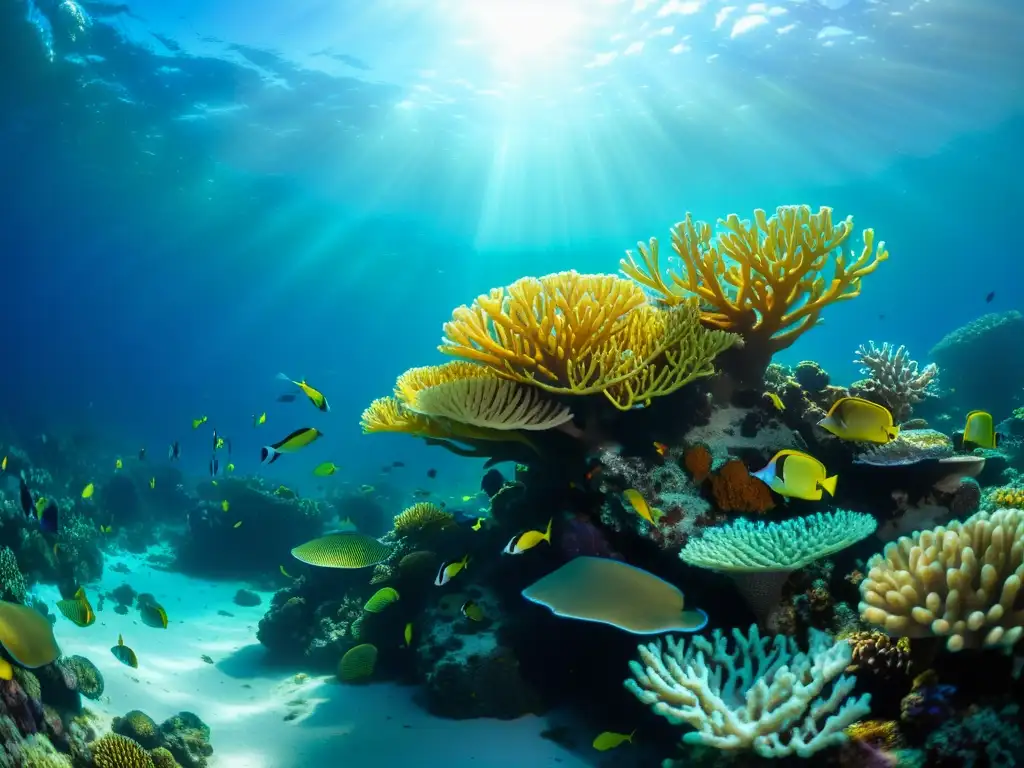 Una impresionante fotografía submarina que muestra un vibrante arrecife de coral repleto de vida marina colorida