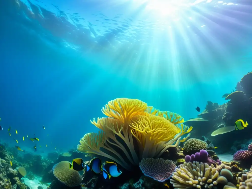 Una impresionante fotografía submarina de un vibrante arrecife de coral rebosante de vida, con un potencial económico para la bioprospección marina