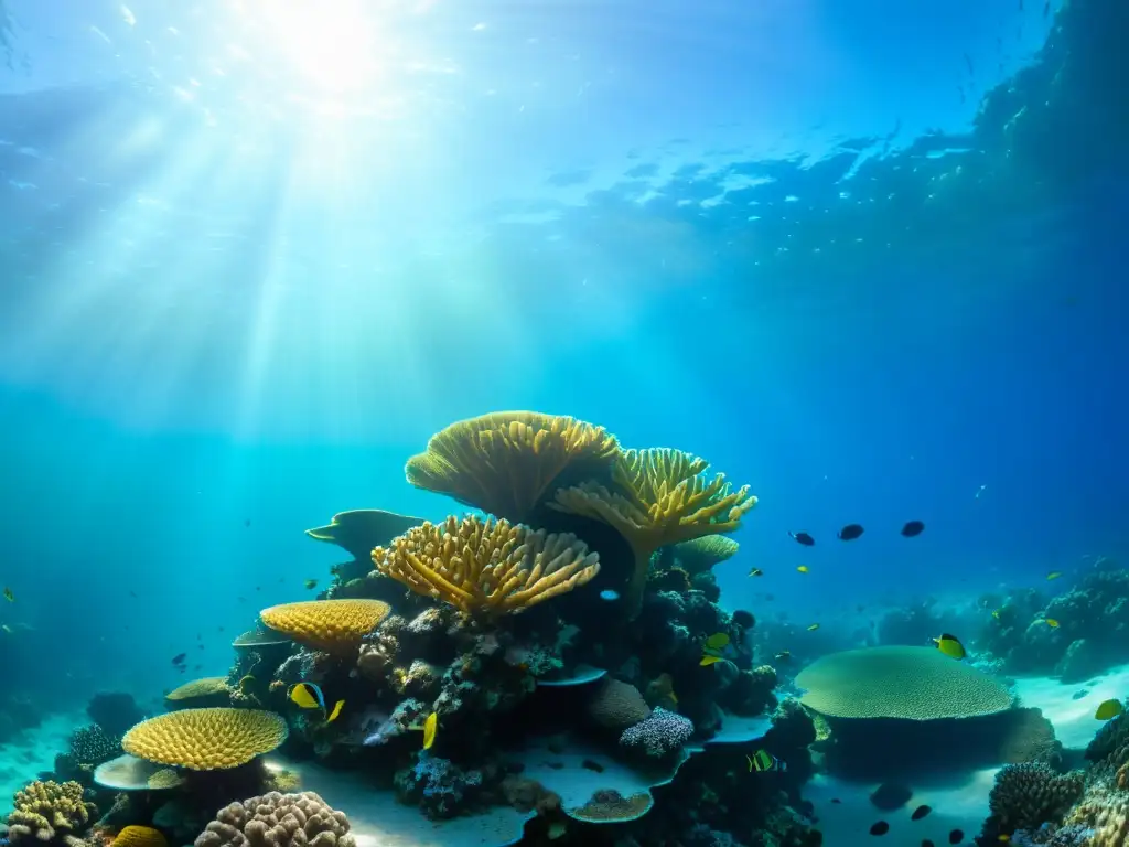 Una impresionante fotografía submarina de un vibrante arrecife de coral, con una variedad de especies en formas, tamaños y colores