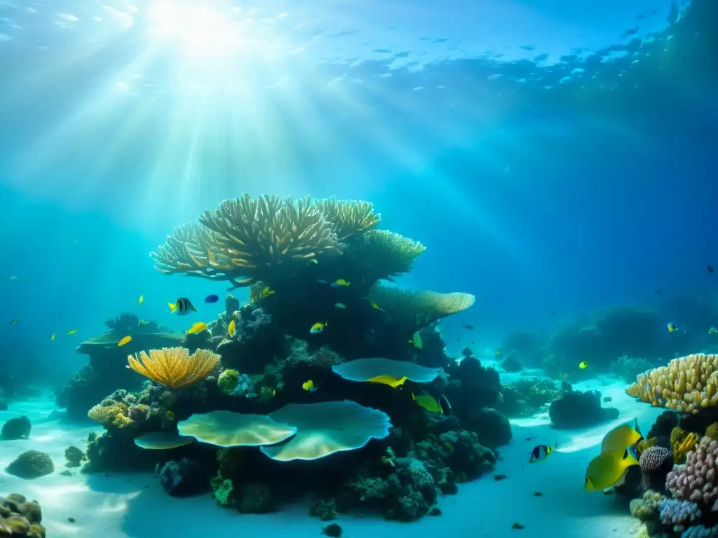 Una impresionante fotografía submarina de un vibrante arrecife de coral, mostrando una diversa variedad de vida marina