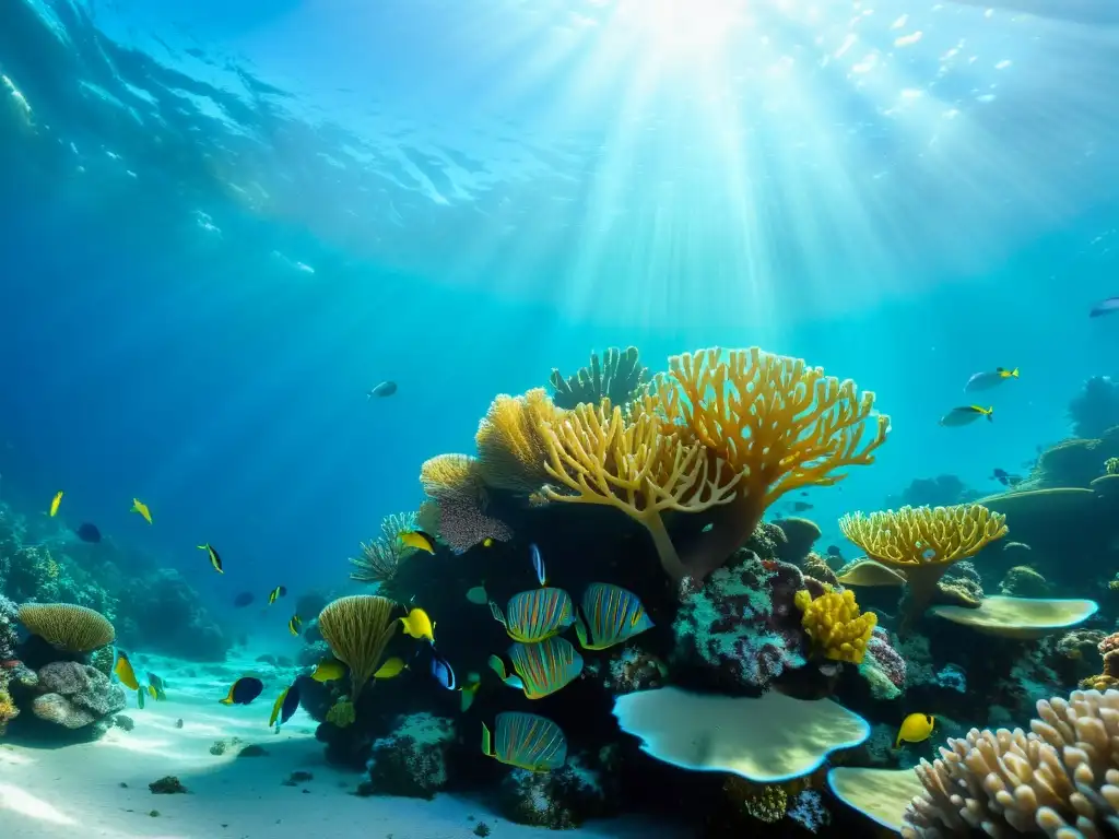 Una impresionante fotografía submarina que captura un vibrante arrecife de coral repleto de vida marina, con peces coloridos, plantas marinas ondeantes y un fondo de agua turquesa