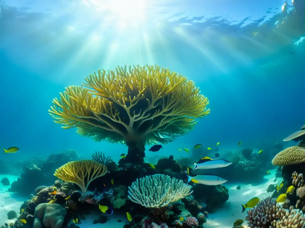 Una impresionante fotografía submarina que muestra un vibrante arrecife de coral repleto de vida marina colorida