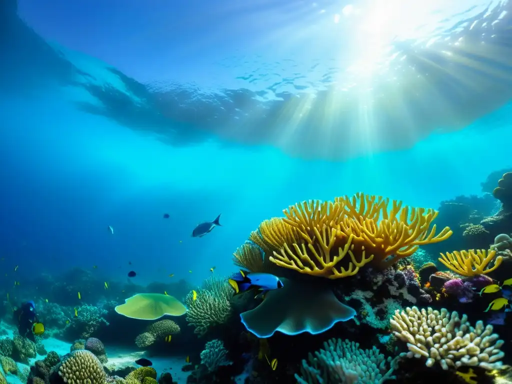 Una impresionante fotografía submarina que muestra un vibrante arrecife de coral rebosante de vida