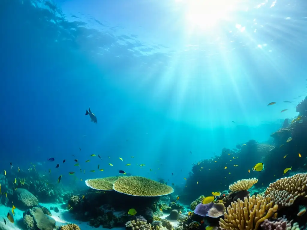 Una impresionante fotografía submarina que muestra un vibrante arrecife de coral repleto de peces coloridos y vida marina