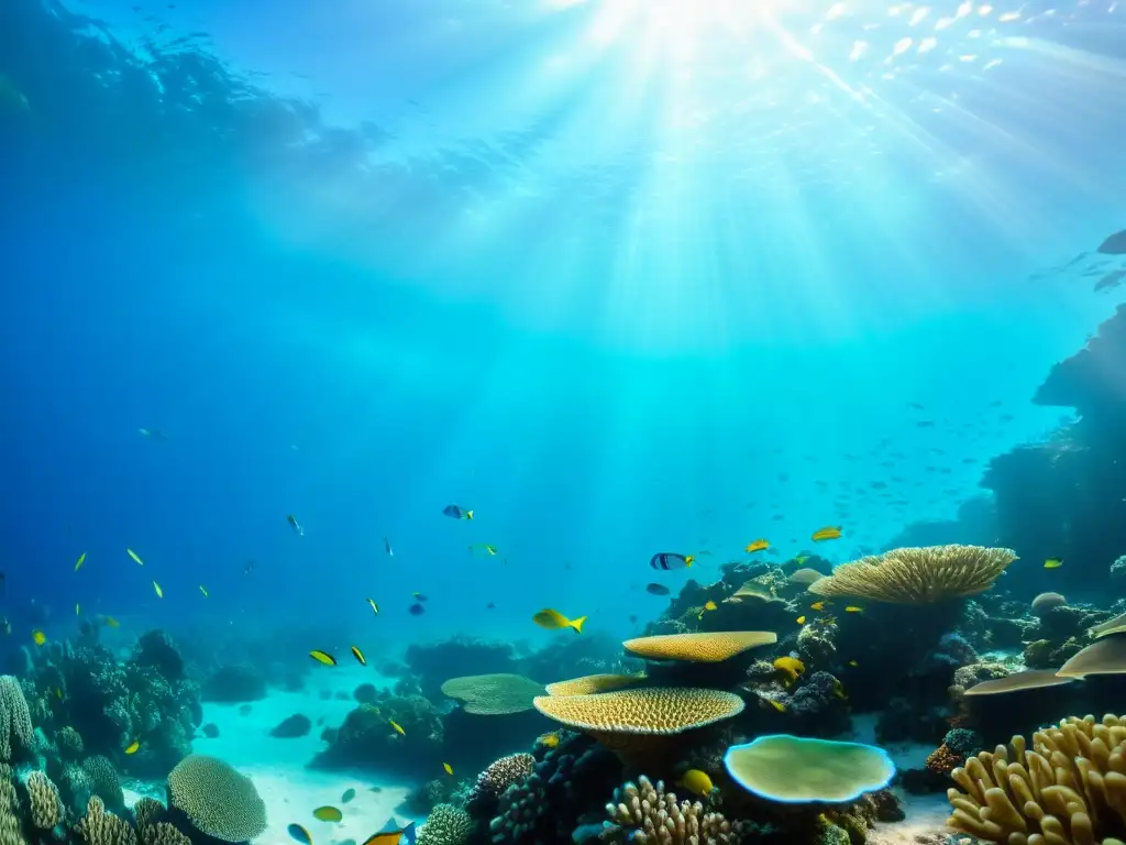 Una impresionante fotografía submarina de un vibrante arrecife de coral repleto de peces y vida marina