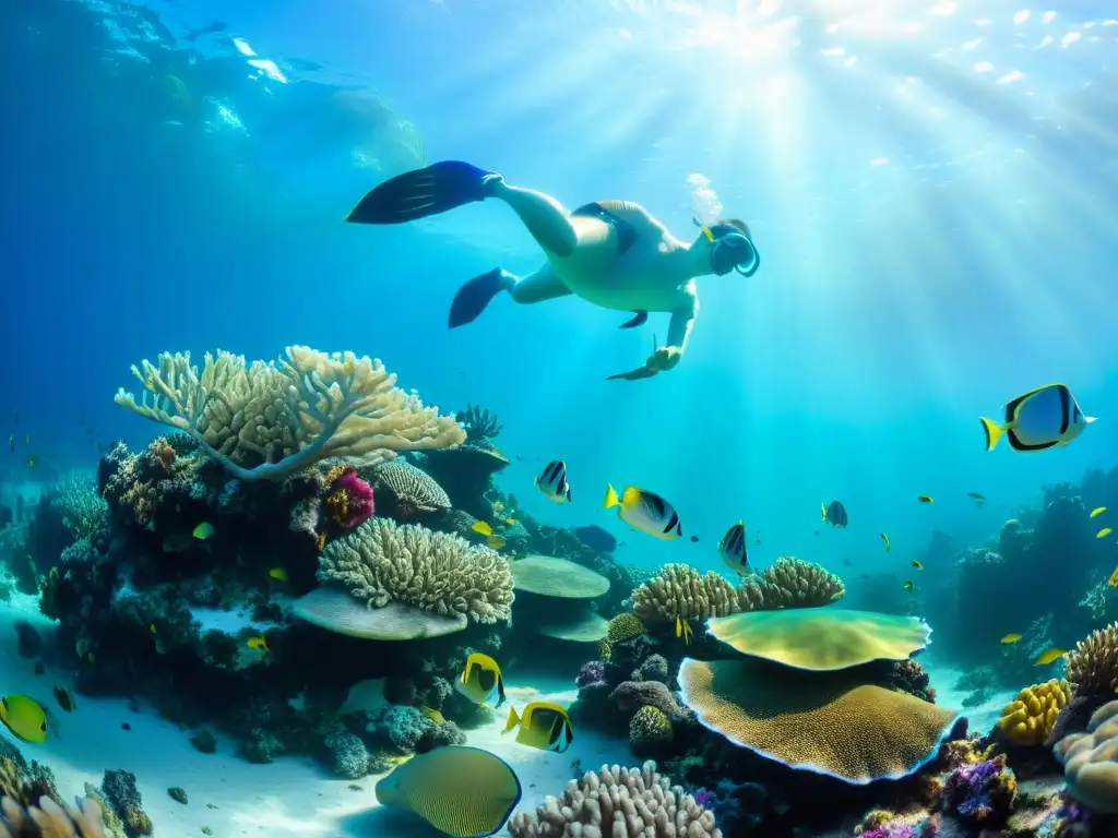 Una impresionante fotografía submarina que muestra un vibrante arrecife de coral repleto de vida marina