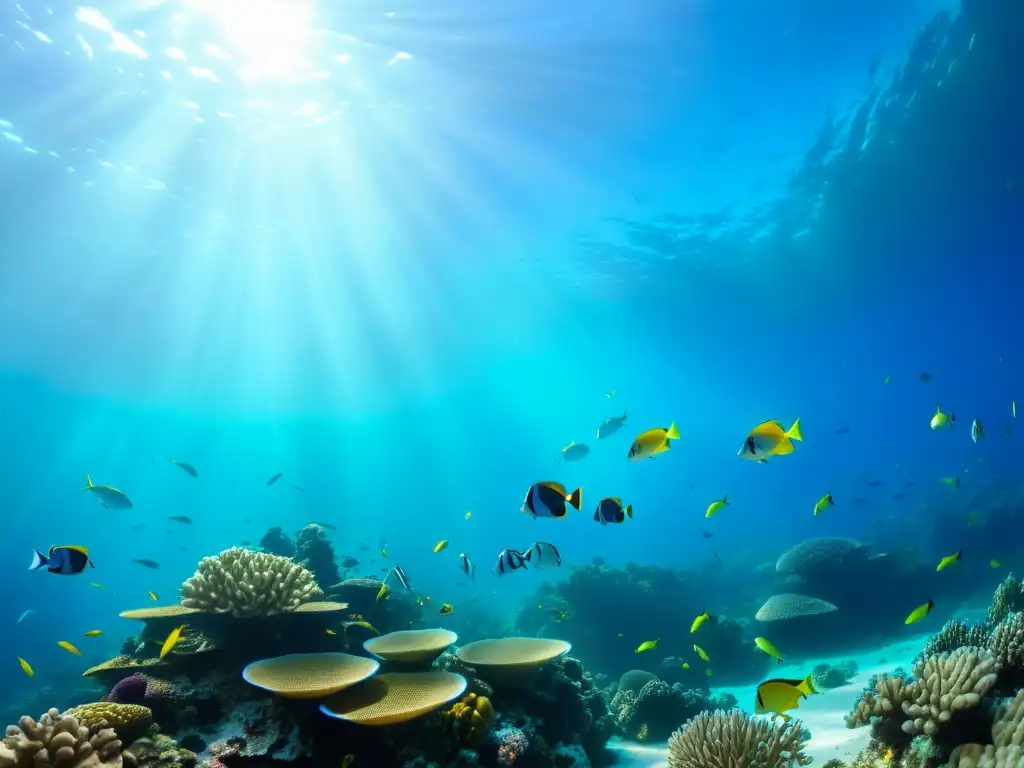 Una impresionante fotografía submarina de un vibrante arrecife de coral lleno de peces coloridos y vida marina