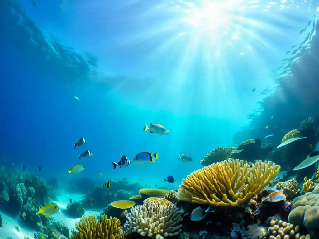 Una impresionante fotografía submarina que muestra un vibrante ecosistema de arrecifes de coral, con peces coloridos y vida marina