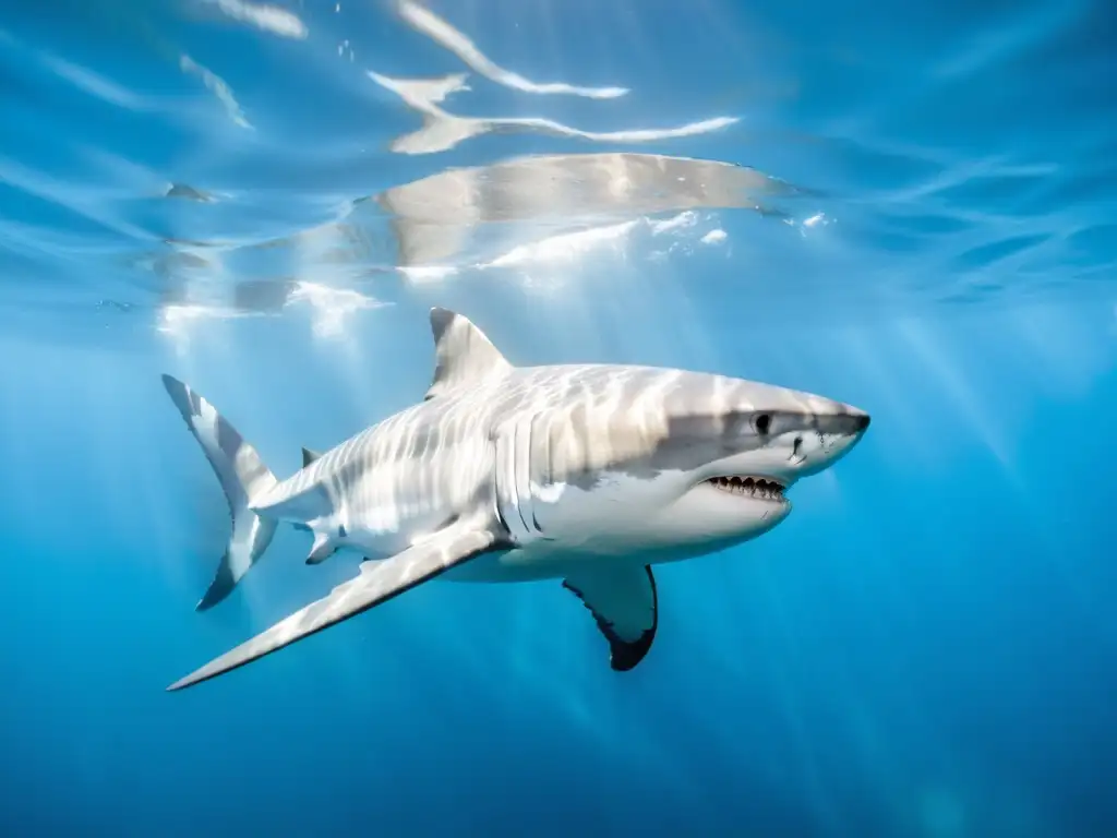 Una impresionante fotografía de tiburones marinos en aguas cristalinas, con un gran tiburón blanco deslizándose majestuosamente entre patrones de luz