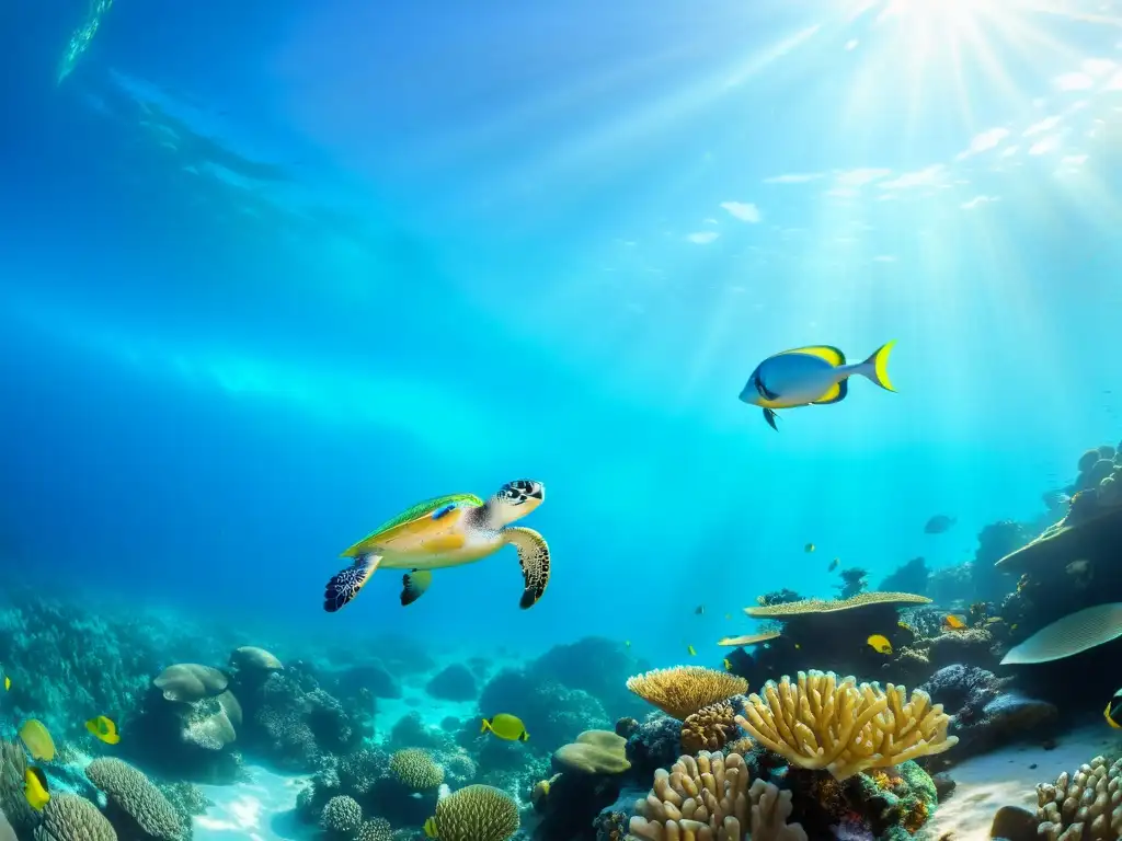 Una impresionante variedad de especies marinas en una vibrante y colorida barrera de coral bajo el agua