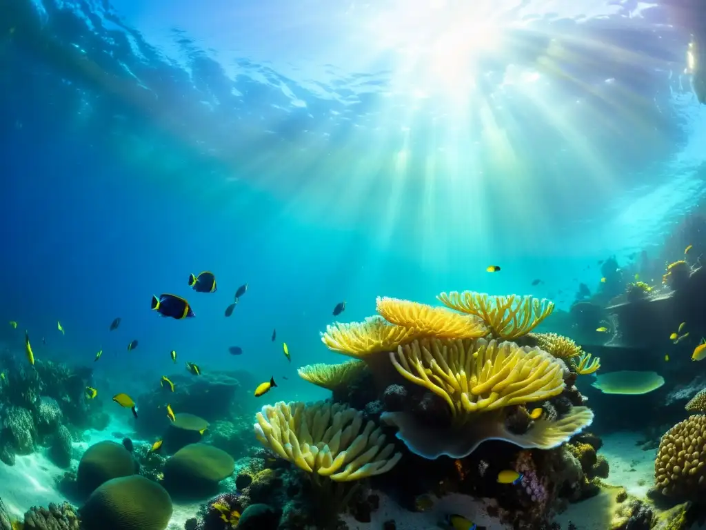 Una impresionante fotografía submarina muestra un vibrante arrecife de coral repleto de vida marina, con peces coloridos nadando entre las ramas de coral y anémonas de mar meciéndose en las corrientes oceánicas, con rayos de sol dorado iluminando el agua cristalina