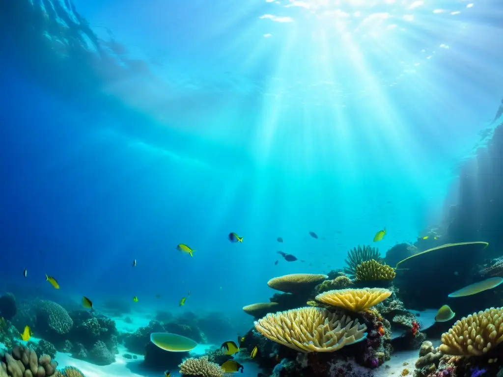 Una impresionante fotografía submarina muestra un vibrante arrecife de coral repleto de peces coloridos y vida marina