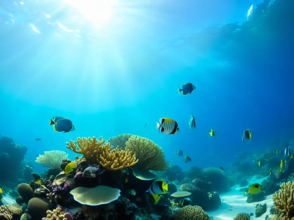 Una impresionante fotografía submarina muestra un vibrante arrecife de coral repleto de peces coloridos y vida marina