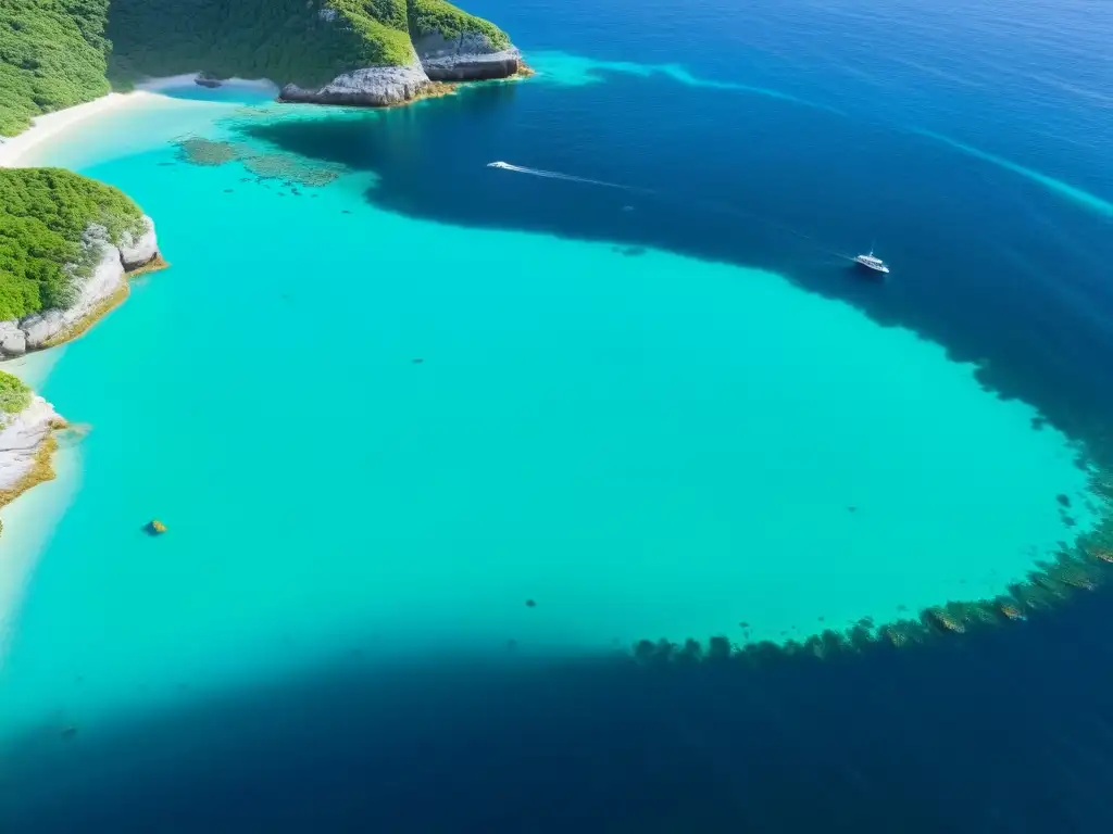 Impresionante vista aérea de una costa rocosa con aguas turquesas y vegetación exuberante, destacando la prevención de encallamientos y la vida marina