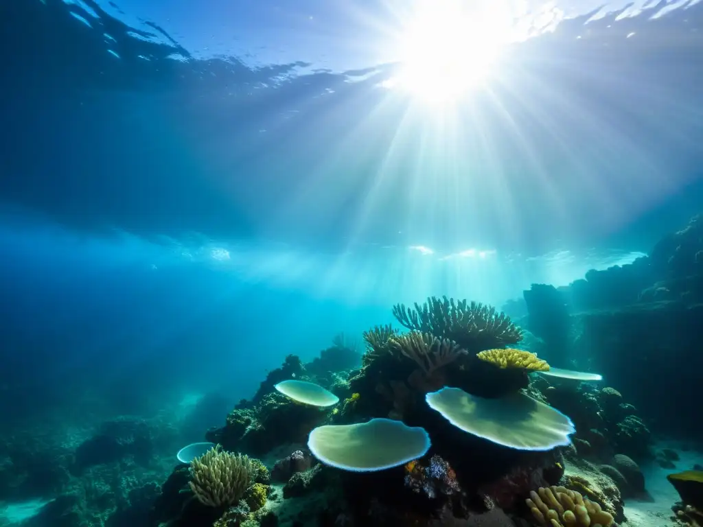 Una impresionante vista submarina de una fosa oceánica, con aguas cristalinas, formaciones rocosas y vida marina, iluminada por rayos solares