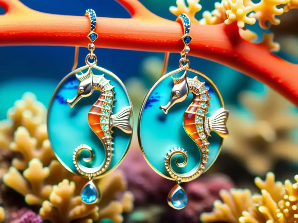 Pendientes de caballito de mar: joyas marinas cautivadoras Unos impresionantes pendientes inspirados en la vida marina brillan bajo el agua, rodeados de un vibrante arrecife de coral y peces de colores