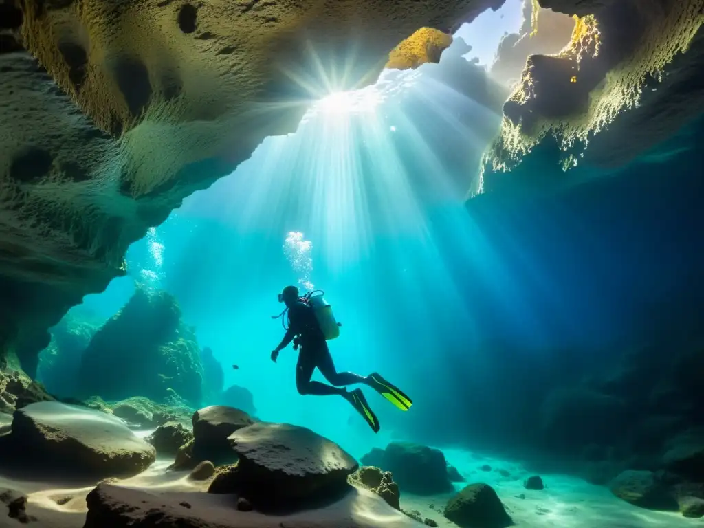 Increíble experiencia de buceo en cavernas: un buceador nada con gracia en una caverna subacuática llena de luz filtrada y colores vibrantes