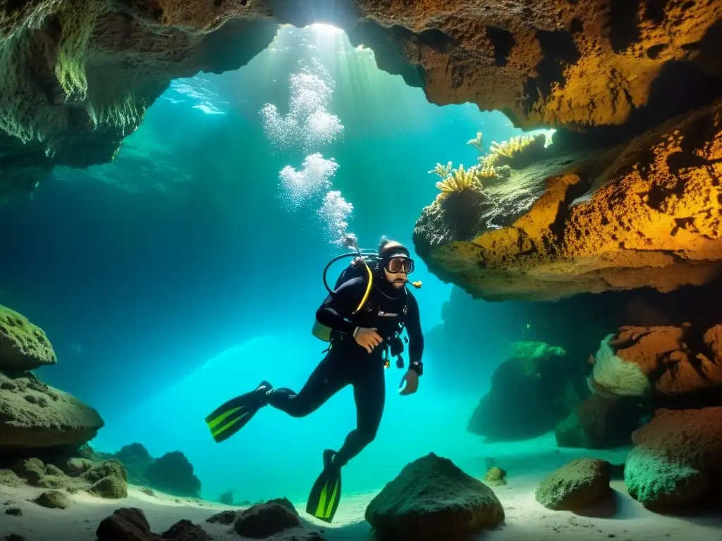 Increíble imagen de un buzo experto en equipo de fotografía de buceo en cuevas, explorando la belleza subacuática en 8k