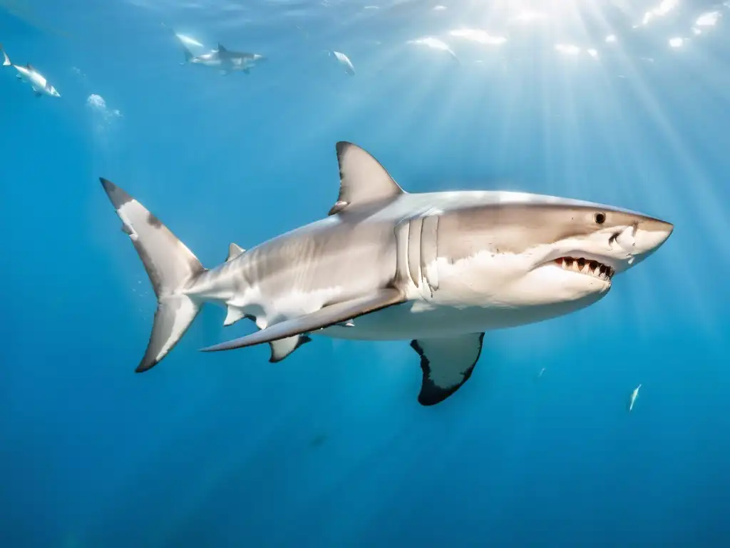 Increíble imagen de un poderoso tiburón blanco nadando grácilmente en aguas cristalinas, rodeado de peces