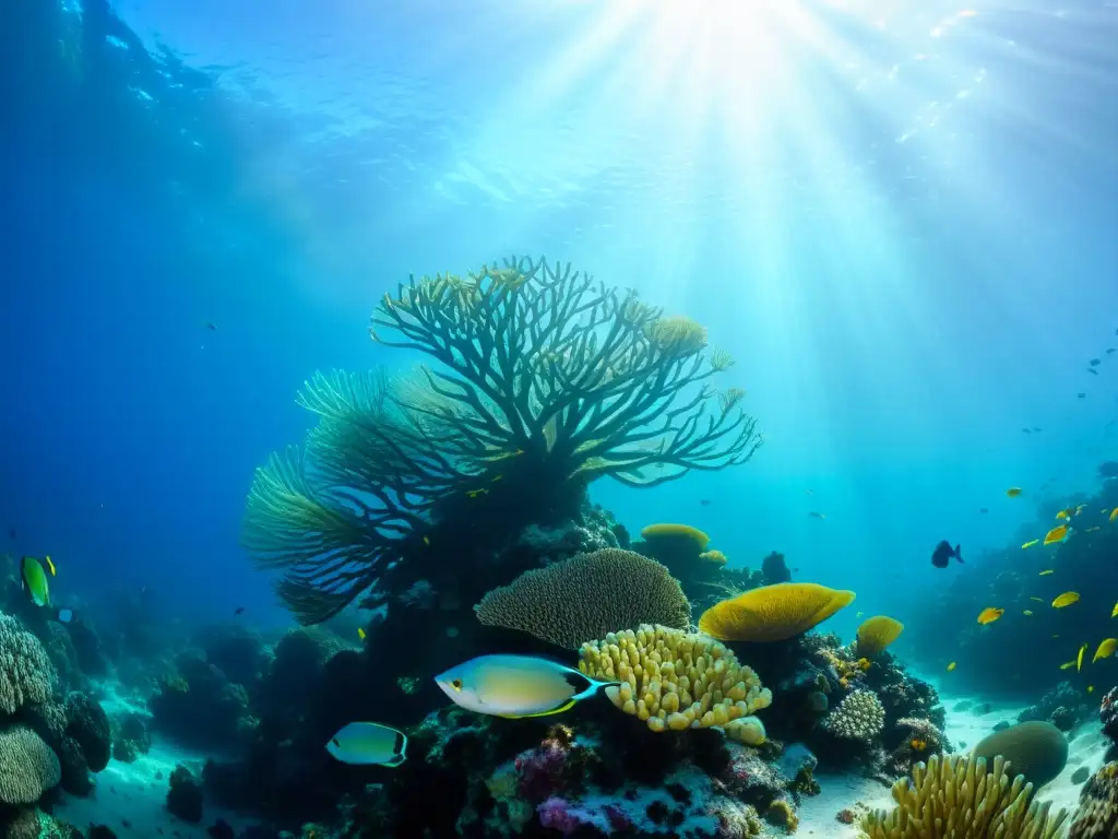 Increíble vida marina en un arrecife de coral, con coloridos peces, anémonas y coral