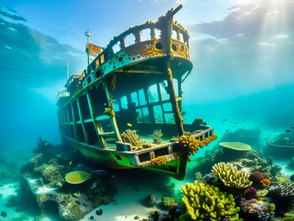 Una increíble fotografía submarina de un barco hundido rodeado de coloridos corales y vida marina, con un brillo etéreo