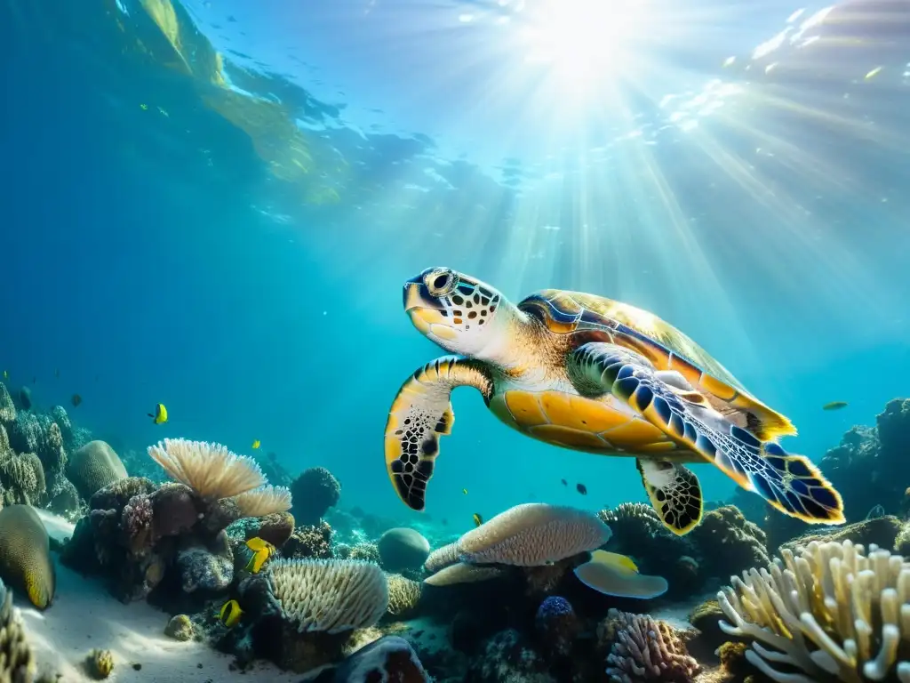 Una fotografía inédita de la vida marina en un arrecife de coral vibrante, con peces coloridos, anémonas intrincadas y una tortuga marina