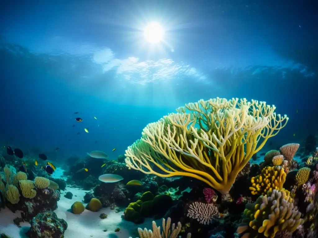 Influencia lunar en mareas marinas: Fotografía submarina de un arrecife de coral iluminado por la luna, con un vibrante ecosistema marino