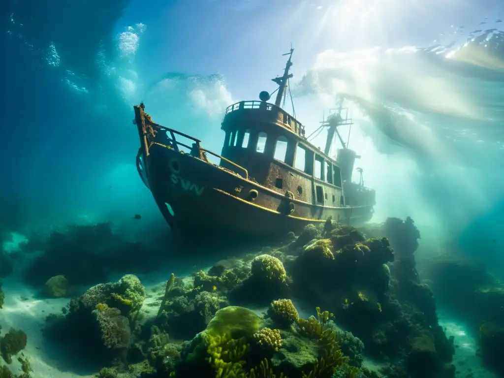 Influencia de torbellinas en naufragios: Remolinos submarinos iluminados por la luz del sol, revelando un naufragio cubierto de vida marina