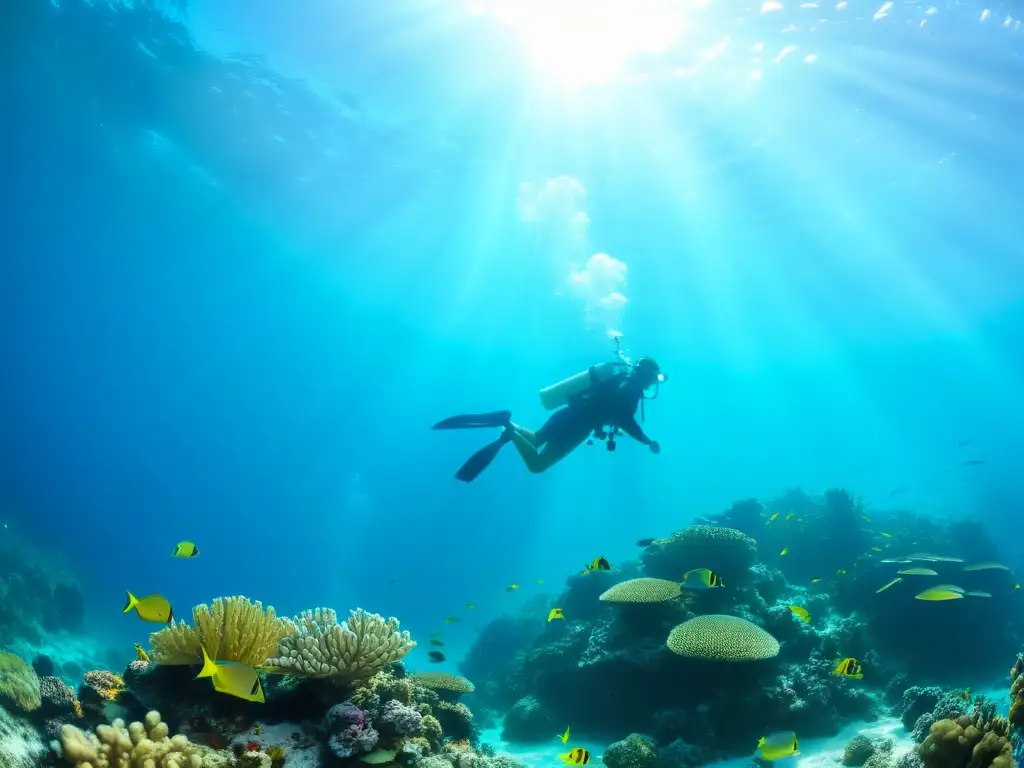 Inmersiones de lujo en el Mediterráneo: un vibrante arrecife de coral con peces coloridos, tortugas marinas y plantas marinas en un escenario sereno y cautivador